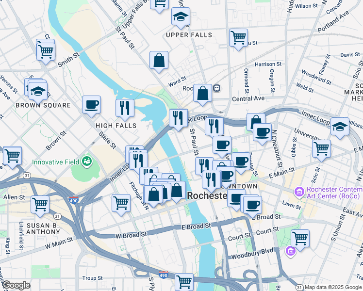 map of restaurants, bars, coffee shops, grocery stores, and more near 175 North Water Street in Rochester