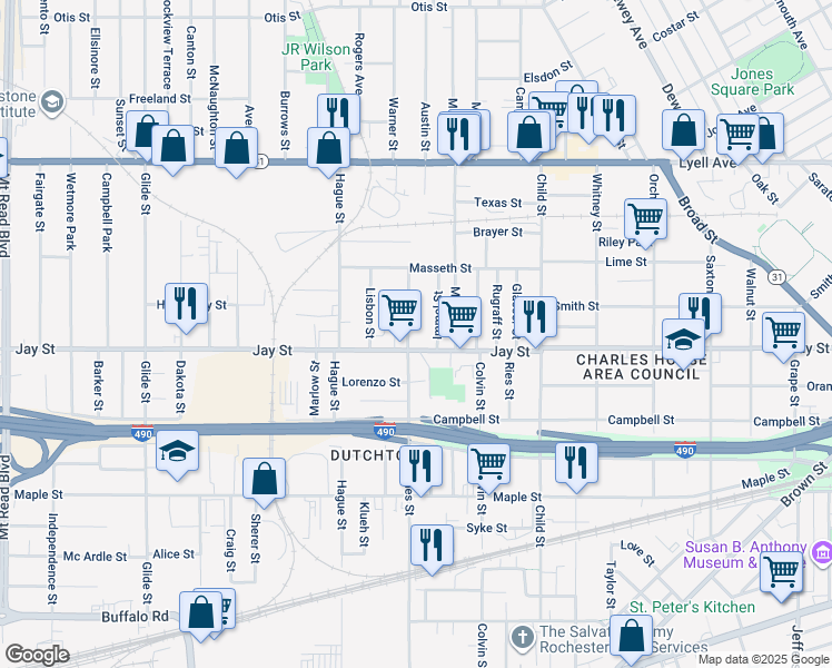 map of restaurants, bars, coffee shops, grocery stores, and more near 828 Jay Street in Rochester
