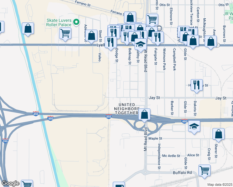 map of restaurants, bars, coffee shops, grocery stores, and more near 1550 Jay Street in Rochester