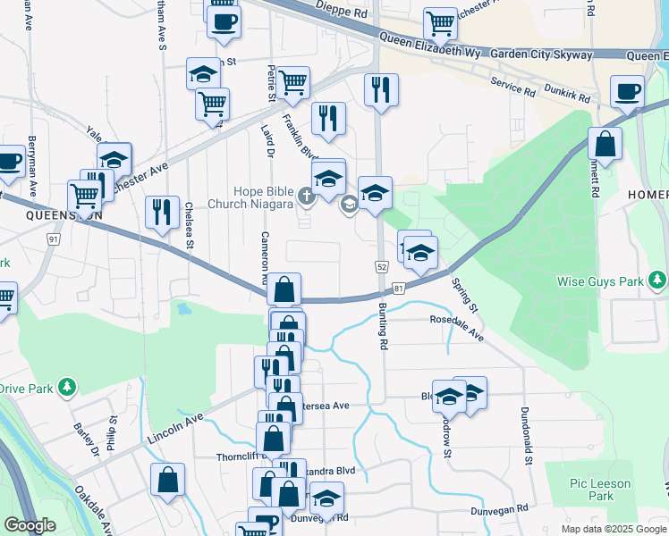 map of restaurants, bars, coffee shops, grocery stores, and more near in St. Catharines