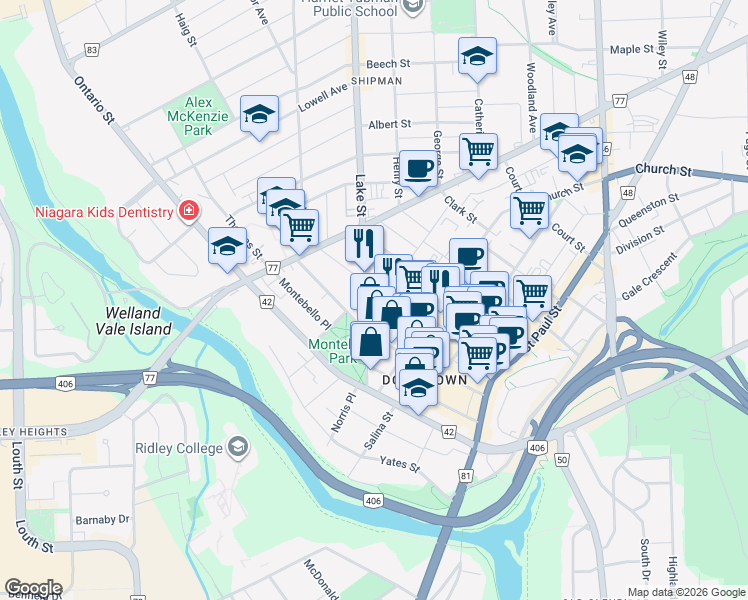 map of restaurants, bars, coffee shops, grocery stores, and more near in St. Catharines