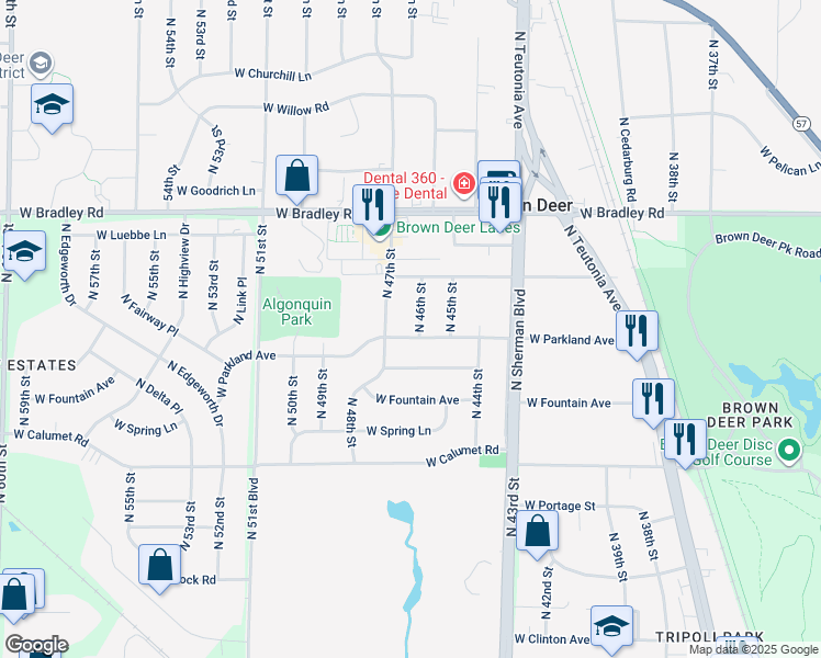 map of restaurants, bars, coffee shops, grocery stores, and more near 4605 West Parkland Avenue in Brown Deer