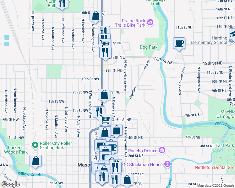 map of restaurants, bars, coffee shops, grocery stores, and more near 109 9th Street Northeast in Mason City