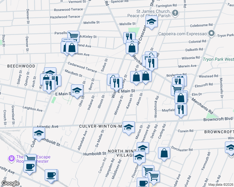 map of restaurants, bars, coffee shops, grocery stores, and more near 2001 East Main Street in Rochester