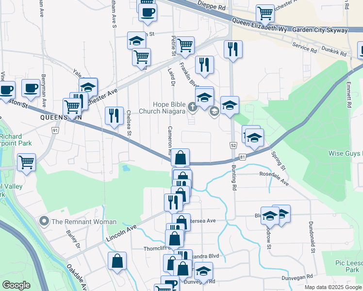 map of restaurants, bars, coffee shops, grocery stores, and more near 43 Shetland Crescent in St. Catharines