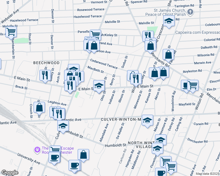 map of restaurants, bars, coffee shops, grocery stores, and more near East Main Street & Berry Street in Rochester