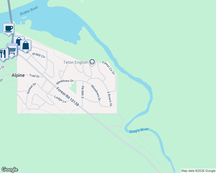 map of restaurants, bars, coffee shops, grocery stores, and more near 3 Rivers Dr in Alpine