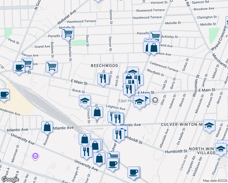 map of restaurants, bars, coffee shops, grocery stores, and more near in Rochester
