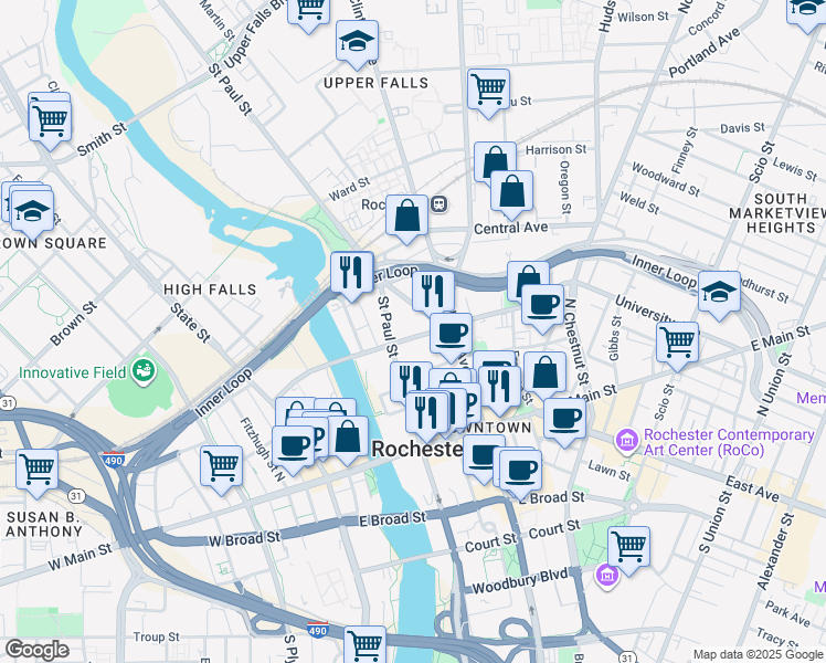 map of restaurants, bars, coffee shops, grocery stores, and more near 223 Andrews Street in Rochester
