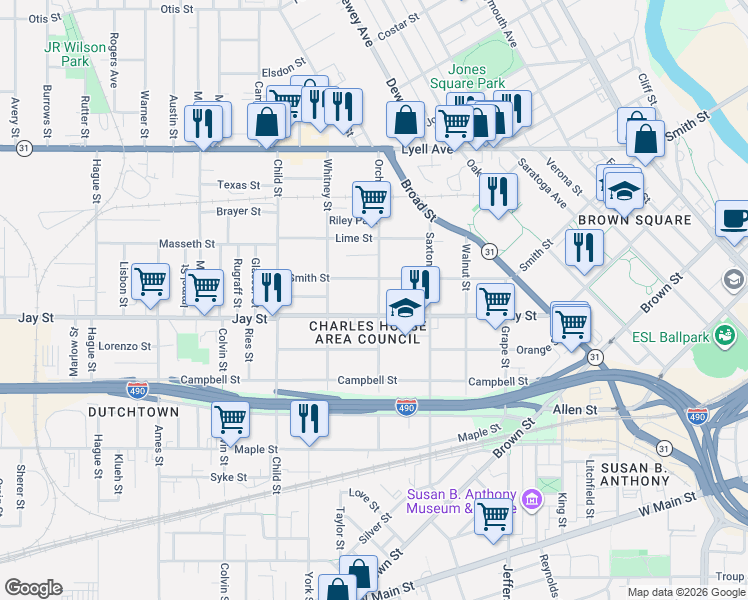 map of restaurants, bars, coffee shops, grocery stores, and more near 516 Jay Street in Rochester