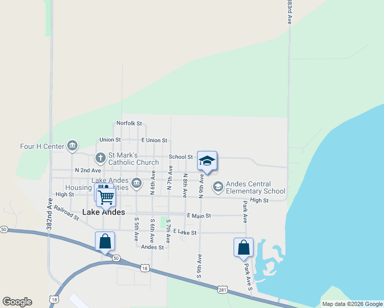 map of restaurants, bars, coffee shops, grocery stores, and more near 227-299 North 9th Avenue in Lake Andes
