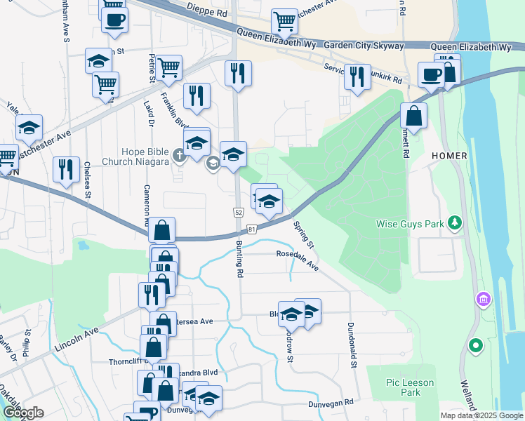 map of restaurants, bars, coffee shops, grocery stores, and more near 23 Chloe Street in St. Catharines