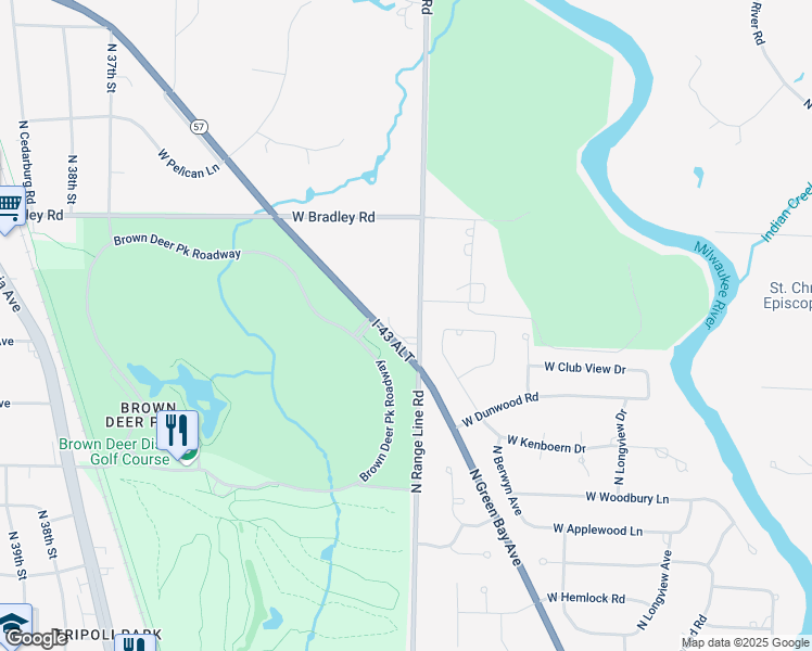 map of restaurants, bars, coffee shops, grocery stores, and more near 7800 North Green Bay Road in River Hills