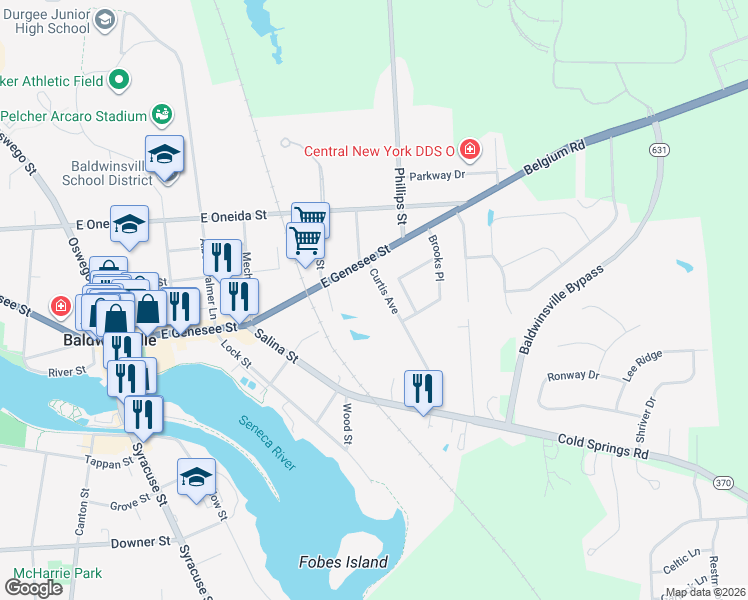 map of restaurants, bars, coffee shops, grocery stores, and more near 14 Curtis Avenue in Baldwinsville