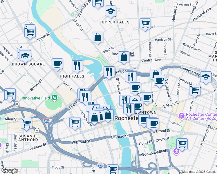 map of restaurants, bars, coffee shops, grocery stores, and more near 185 North Water Street in Rochester