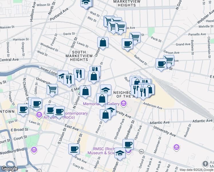 map of restaurants, bars, coffee shops, grocery stores, and more near 49 Erion Crescent in Rochester