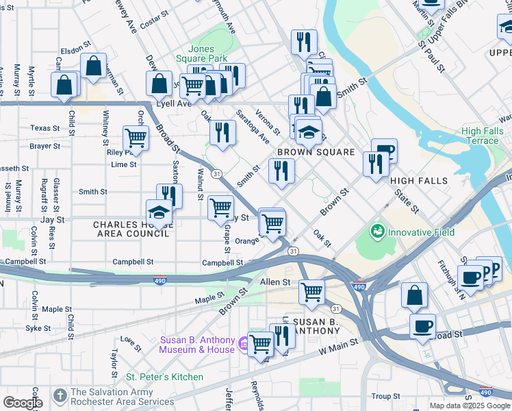 map of restaurants, bars, coffee shops, grocery stores, and more near 298 Jay Street in Rochester