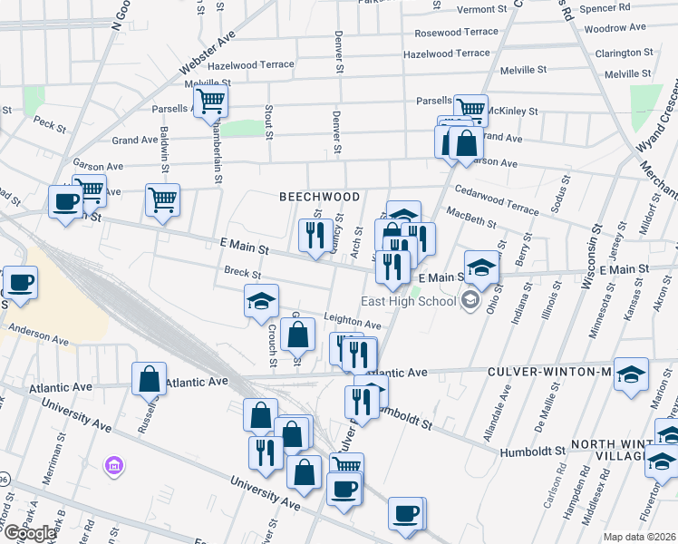 map of restaurants, bars, coffee shops, grocery stores, and more near in Rochester