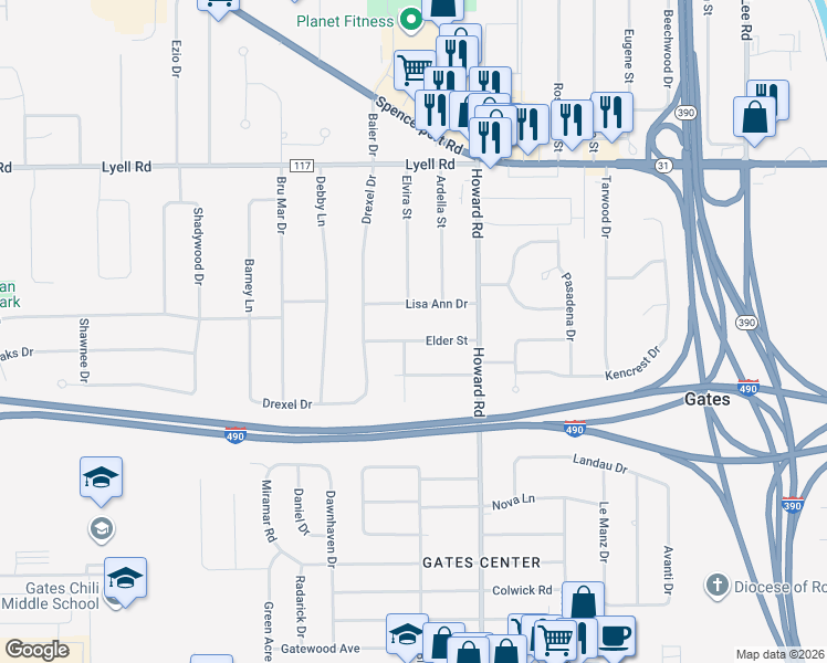 map of restaurants, bars, coffee shops, grocery stores, and more near 95 Elder Street in Rochester