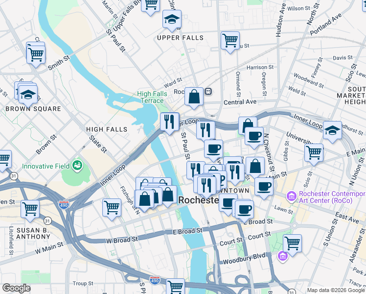 map of restaurants, bars, coffee shops, grocery stores, and more near 155 Saint Paul Street in Rochester
