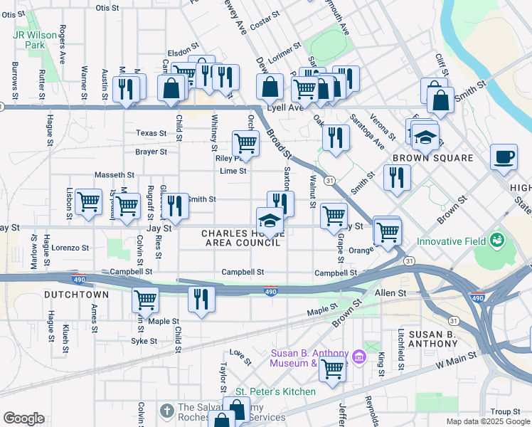 map of restaurants, bars, coffee shops, grocery stores, and more near 516 Jay Street in Rochester