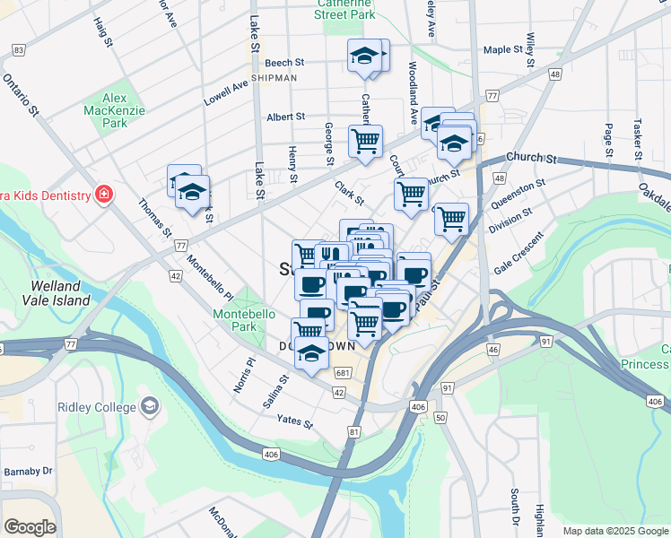 map of restaurants, bars, coffee shops, grocery stores, and more near in St. Catharines