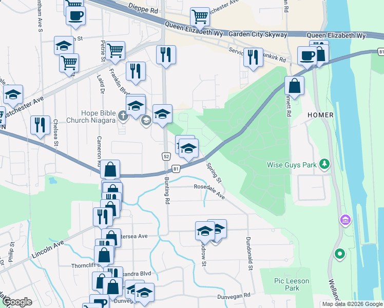 map of restaurants, bars, coffee shops, grocery stores, and more near 14 Chloe Street in St. Catharines