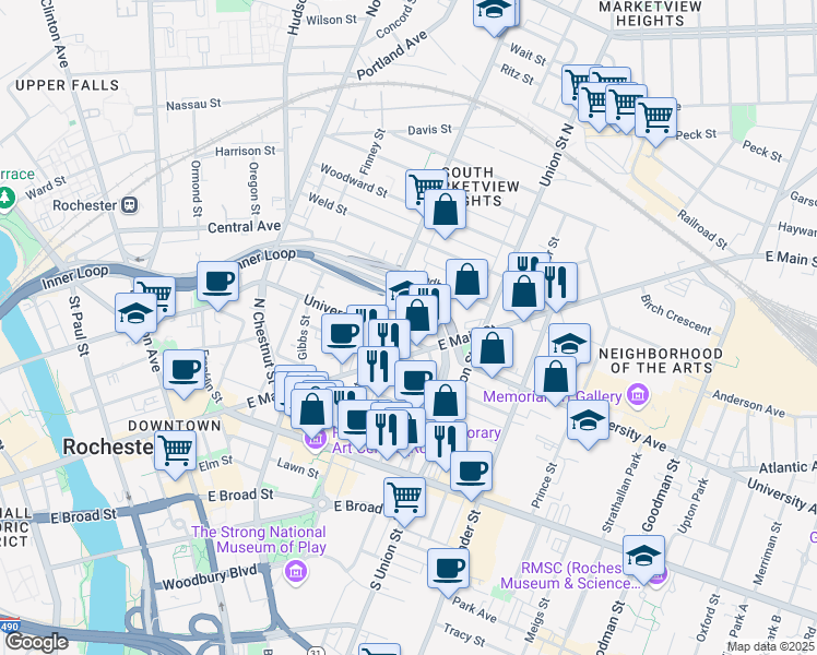 map of restaurants, bars, coffee shops, grocery stores, and more near 200 University Avenue in Rochester