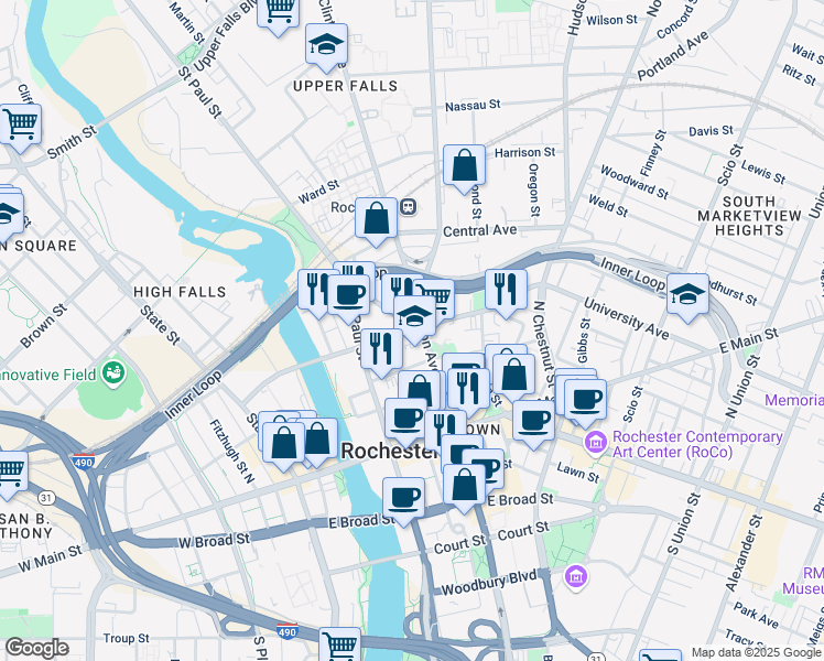 map of restaurants, bars, coffee shops, grocery stores, and more near 216 Andrews Street in Rochester