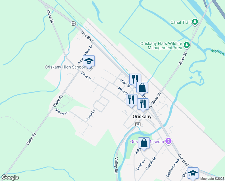 map of restaurants, bars, coffee shops, grocery stores, and more near 1111 Utica Street in Oriskany