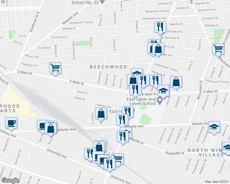 map of restaurants, bars, coffee shops, grocery stores, and more near in Rochester