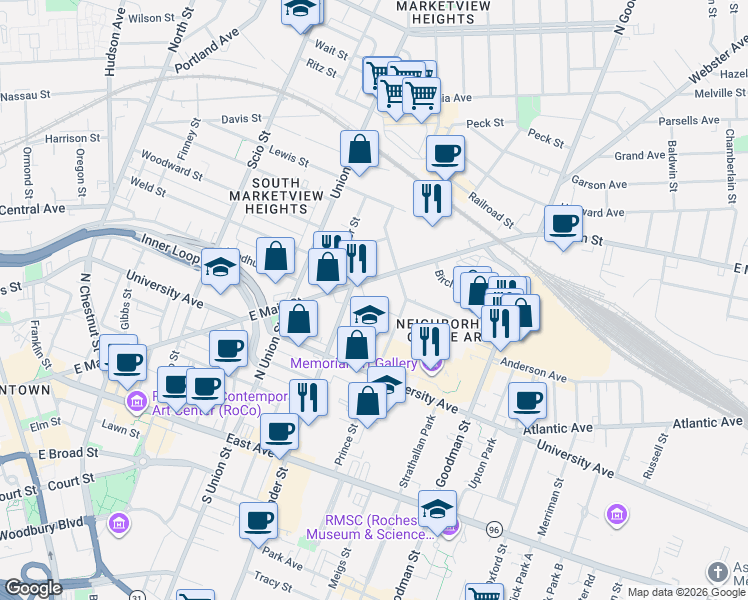 map of restaurants, bars, coffee shops, grocery stores, and more near 49 Erion Crescent in Rochester