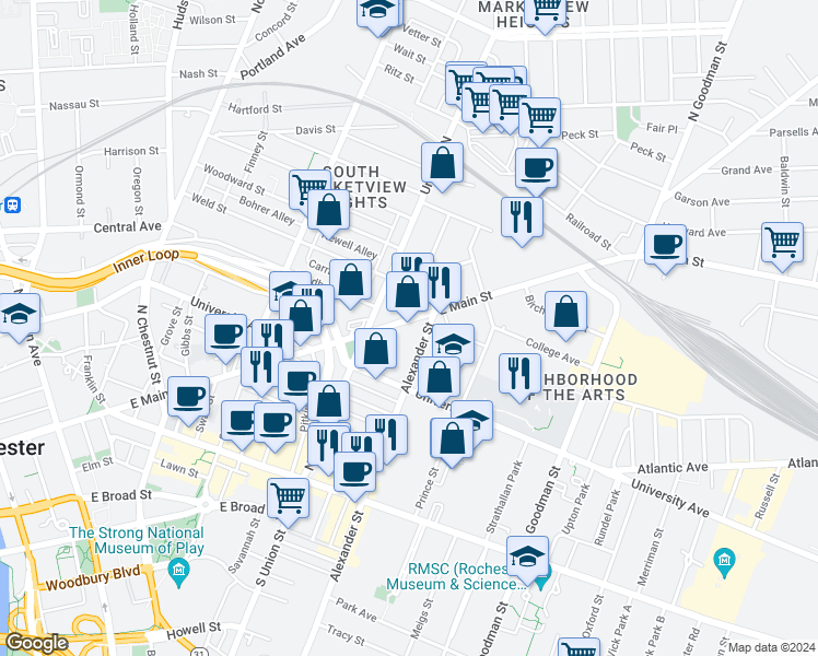 map of restaurants, bars, coffee shops, grocery stores, and more near 413 Alexander Street in Rochester