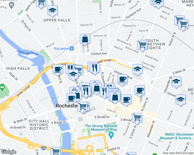 map of restaurants, bars, coffee shops, grocery stores, and more near 107 Liberty Pole Way in Rochester