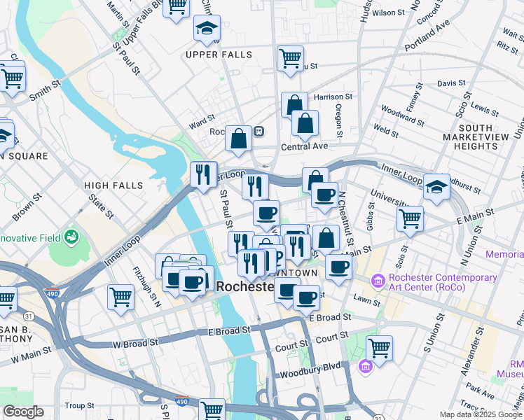 map of restaurants, bars, coffee shops, grocery stores, and more near 223 Andrews Street in Rochester