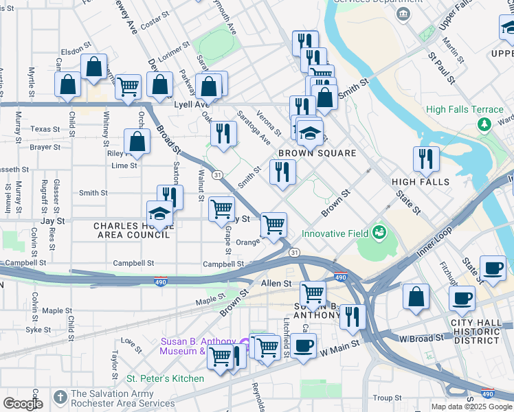 map of restaurants, bars, coffee shops, grocery stores, and more near 298 Jay Street in Rochester