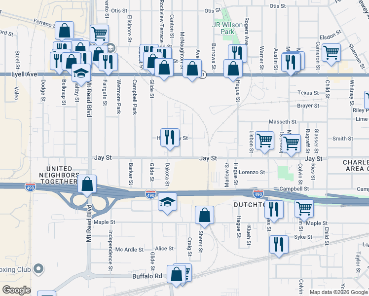 map of restaurants, bars, coffee shops, grocery stores, and more near 1148 Jay Street in Rochester