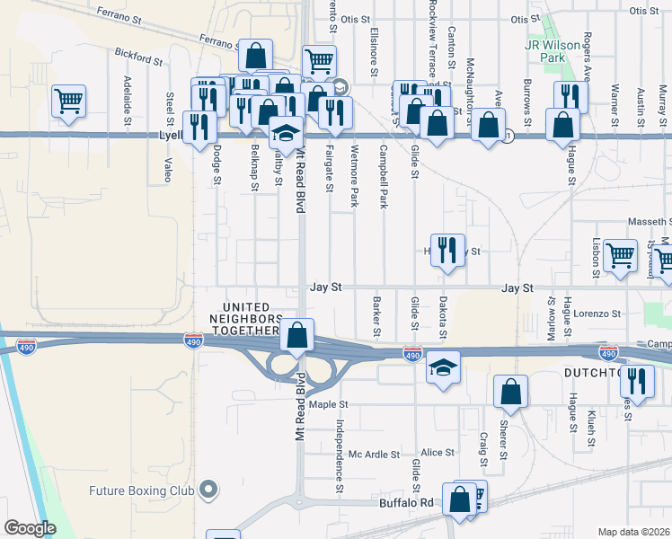map of restaurants, bars, coffee shops, grocery stores, and more near 1354 Jay Street in Rochester