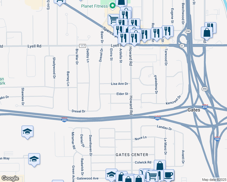 map of restaurants, bars, coffee shops, grocery stores, and more near 95 Elder Street in Rochester