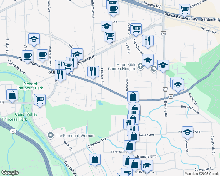 map of restaurants, bars, coffee shops, grocery stores, and more near in St. Catharines