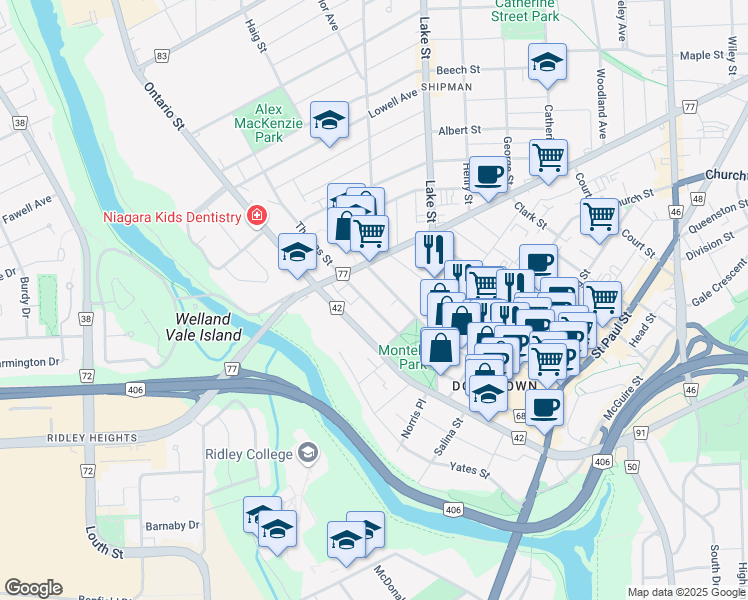 map of restaurants, bars, coffee shops, grocery stores, and more near 8 Montebello Place in St. Catharines