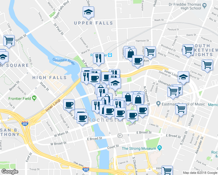 map of restaurants, bars, coffee shops, grocery stores, and more near 242 Andrews Street in Rochester