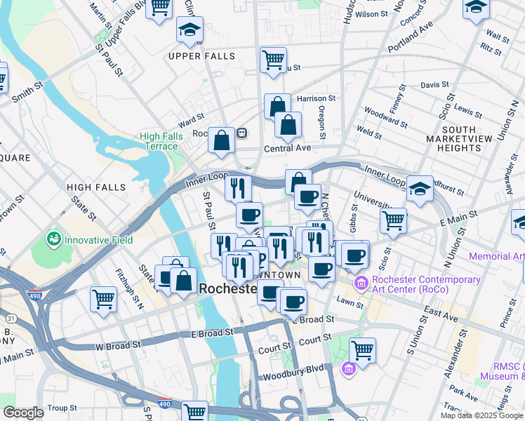 map of restaurants, bars, coffee shops, grocery stores, and more near in Rochester