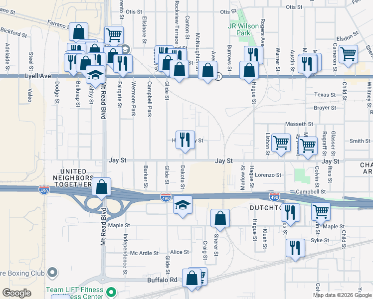 map of restaurants, bars, coffee shops, grocery stores, and more near 1148 Jay Street in Rochester
