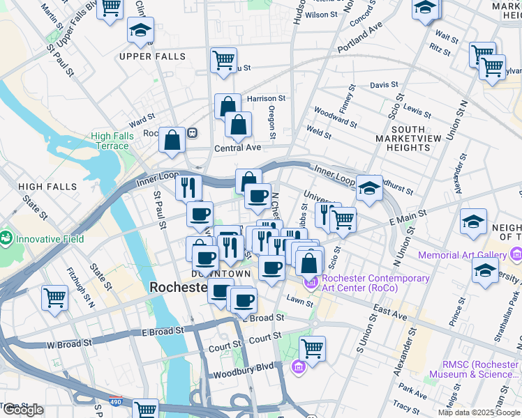 map of restaurants, bars, coffee shops, grocery stores, and more near 107 Liberty Pole Way in Rochester