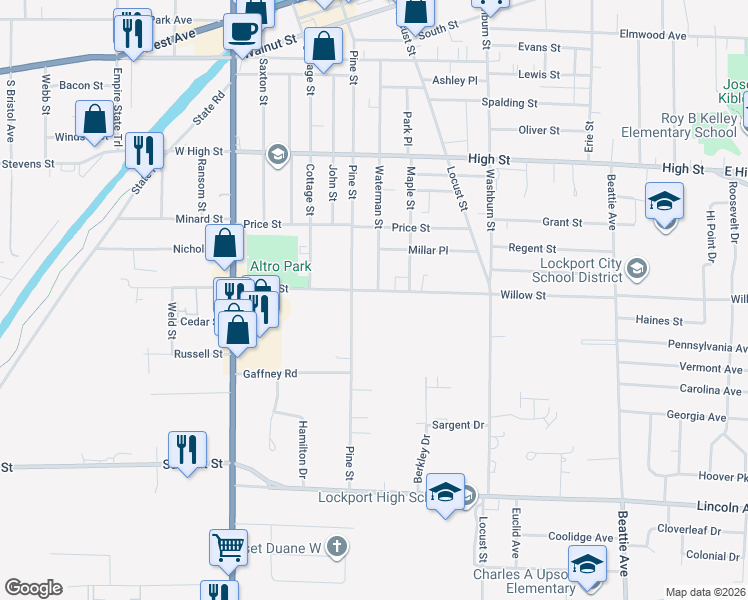 map of restaurants, bars, coffee shops, grocery stores, and more near 398 Pine Street in Lockport