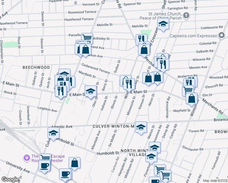 map of restaurants, bars, coffee shops, grocery stores, and more near 1930 East Main Street in Rochester
