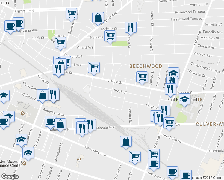 map of restaurants, bars, coffee shops, grocery stores, and more near Breck St & Mustard St in Rochester