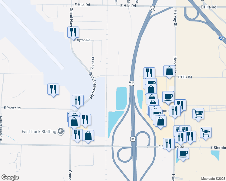 map of restaurants, bars, coffee shops, grocery stores, and more near 1283 East Ellis Road in Norton Shores