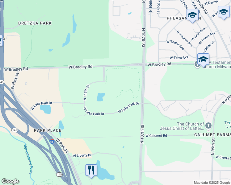map of restaurants, bars, coffee shops, grocery stores, and more near 11000 West Lake Park Drive in Milwaukee